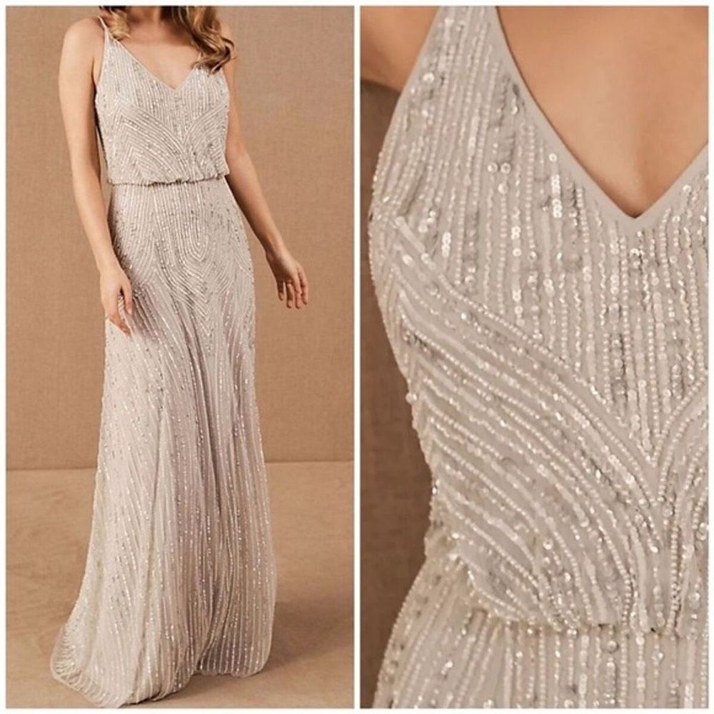 BHLDN Fidelia Beige Heavily Beaded Maxi Dress Blouson Bridesmaid Wedding size 10